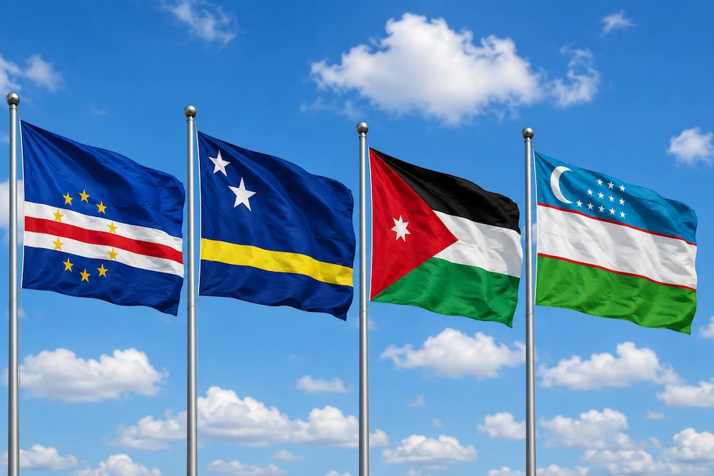Kap Verde, Curaçao, Jordanien och Uzbekistan flaggor