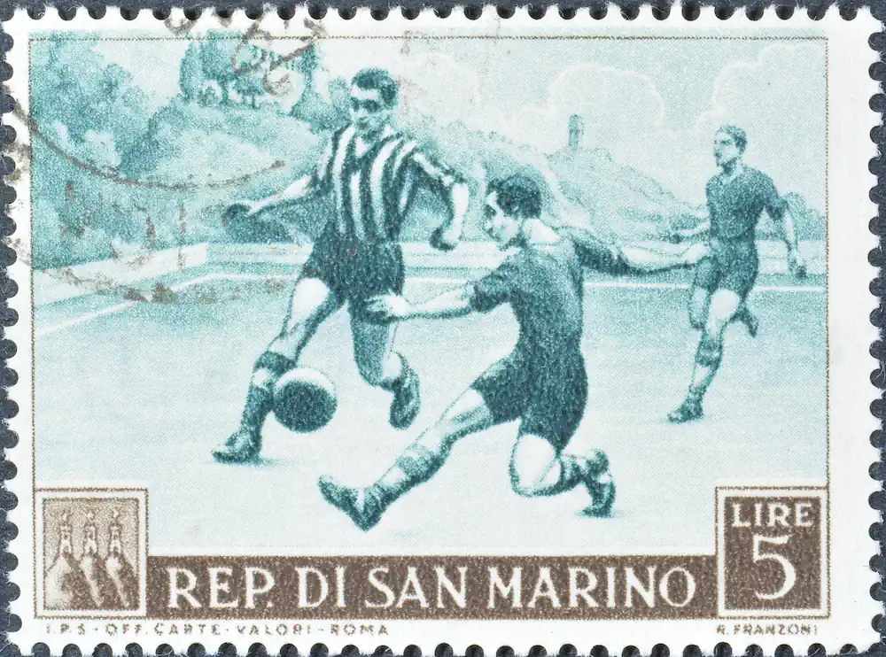 San Marino-frimärke med fotbollsspelare från ungefär 1953