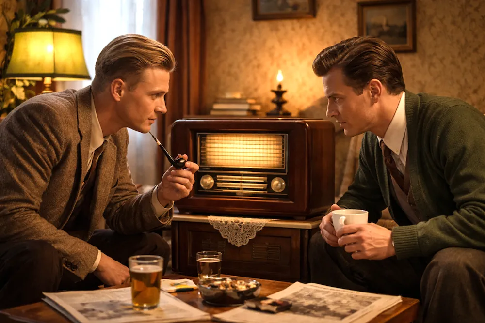 Två män lyssnar på fotboll på gammal radio