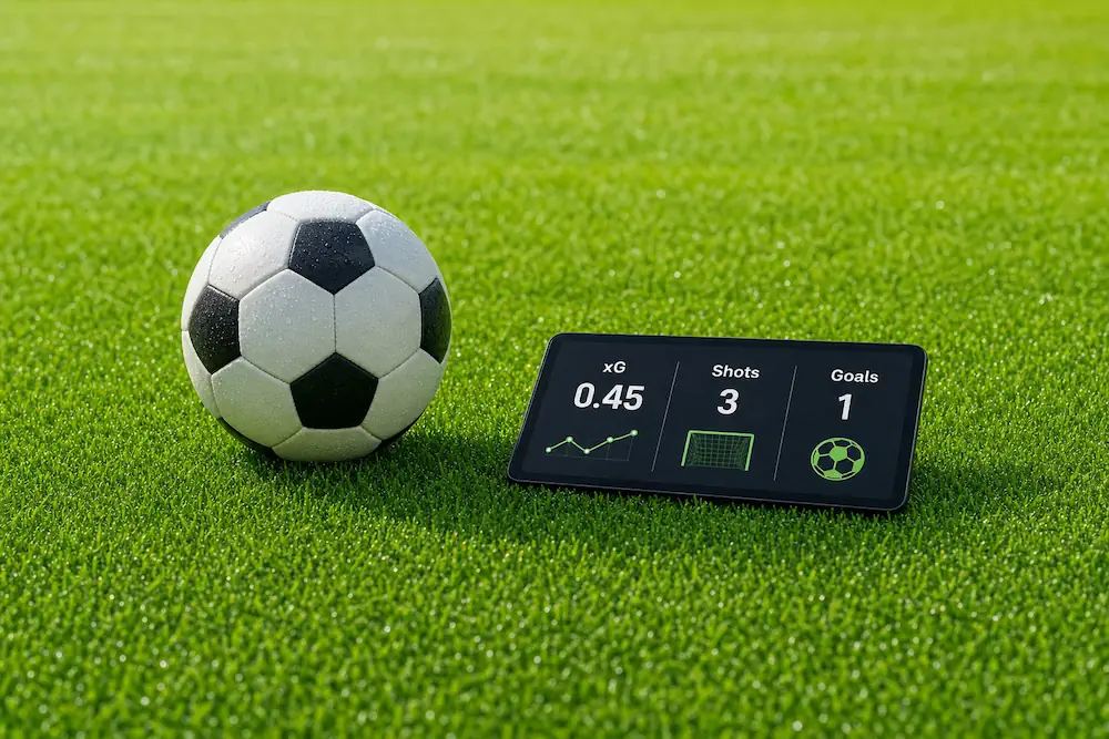 Fotboll på gräs, med xG och antal mål på tavla vid sidan om