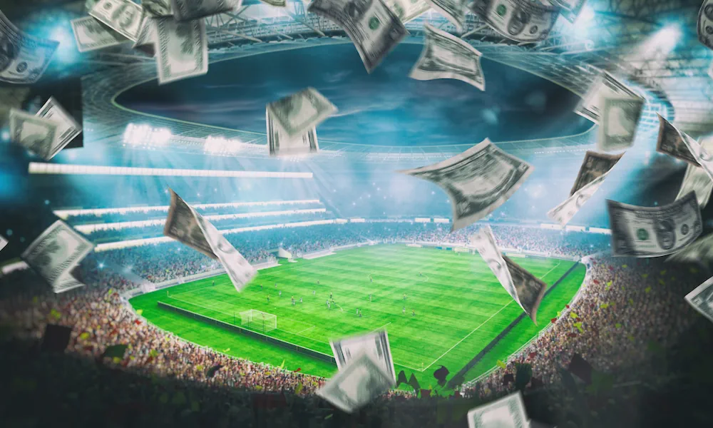 Regnande pengar med fotbollsarena i bakgrunden