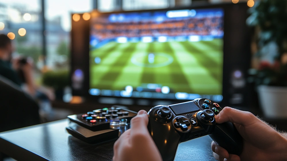 Snubbe som spelar fotbollsspel med TV i bakgrunden